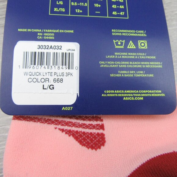 Asics Quick Lyte Plus Women’s Socks Size Large (3 Pairs) Frosted Rose Red NEW - Picture 11 of 11